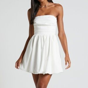 SHOWPO SHAIMA MINI DRESS - STRAPLESS BUBBLE HEM DRESS IN WHITE